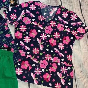 NWT SMALL DICKIES BUTTERFLY NAVY BLUE SCRUB TOP
